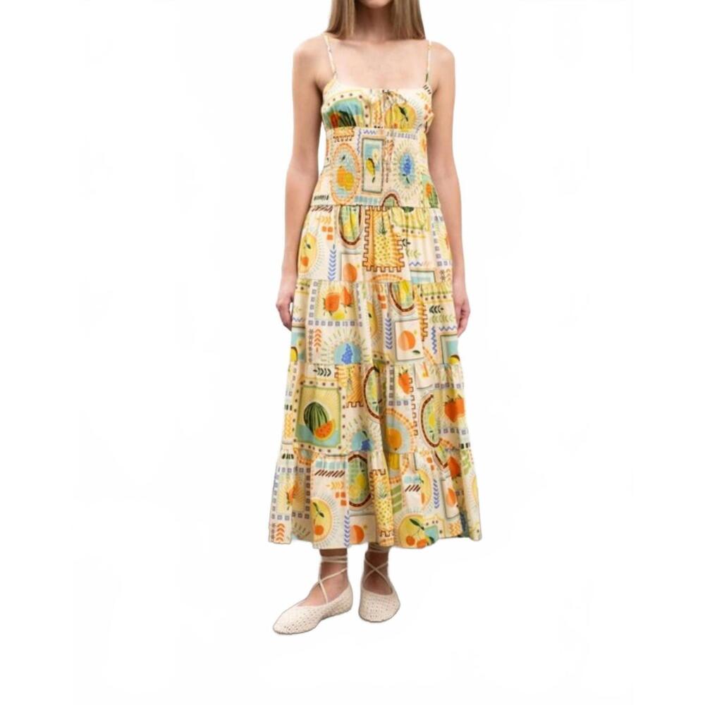 NEW MOON RIVER fruit tile print spaghetti strap midi dress in orange multi